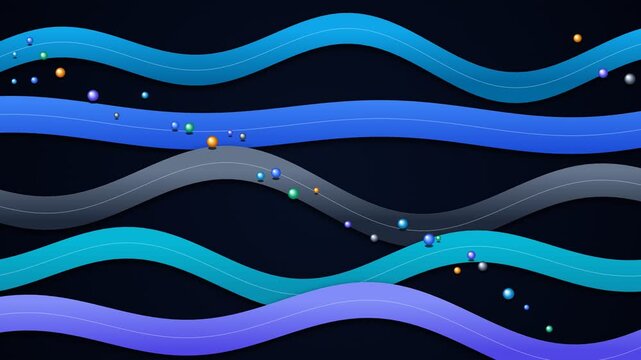 Static shot of multi layered blue and violet wave ribbons undulating with bouncing glossy beads on dark background