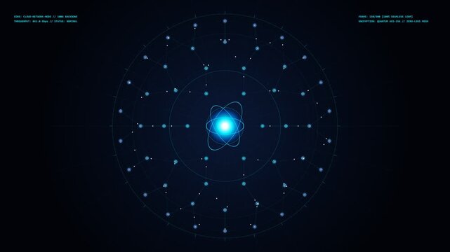 Static shot of futuristic circular quantum network core interface with orbiting nodes and real time data telemetry