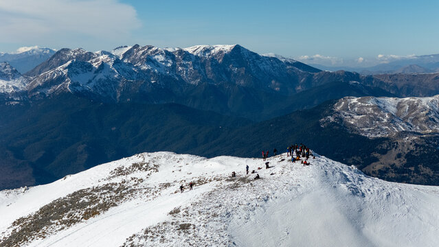 Aerial view of snowy Mount Zireia summit in Corinthia, Greece, Mount Kyllini