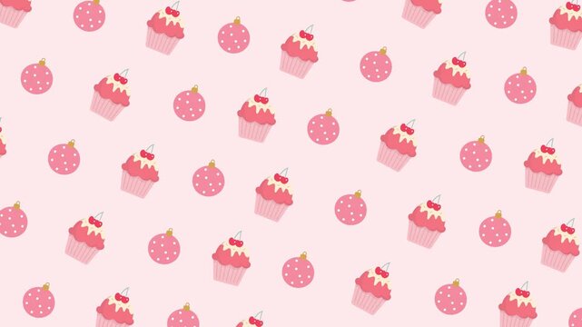 Seamless animation of cute cupcake and bauble christmas pattern
