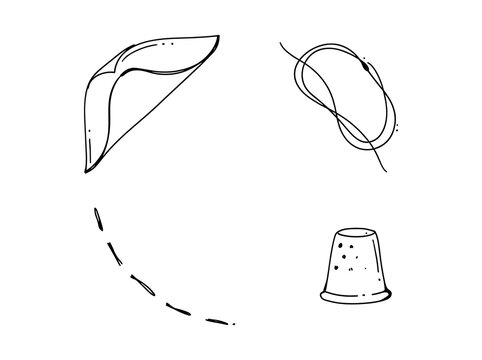 Sewing notions arranged in a circle with a thimble and needle on white background