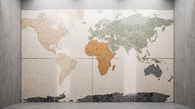 Terrazzo world map wall mural featuring a modern architectural design