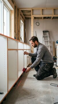 Carpenter aligning kitchen cabinets with laser level during apartment renovation, professional installation process