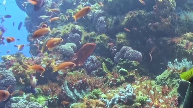 Dense Schooling Reef Fish Swim around a Coral Garden. A well-lit underwater view with mixed reef colors shows fish moving with visible reef structure, documenting marine habitat and biodiversity.