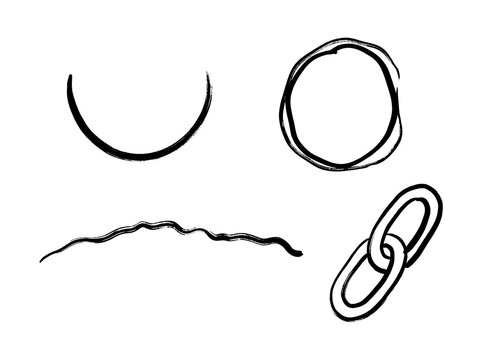 Hand drawn brush stroke shapes including a crescent circle wavy line and interlocking links on white