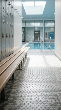 Empty locker room with bench and honeycomb floor leading to a bright indoor swimming pool, modern wellness facility