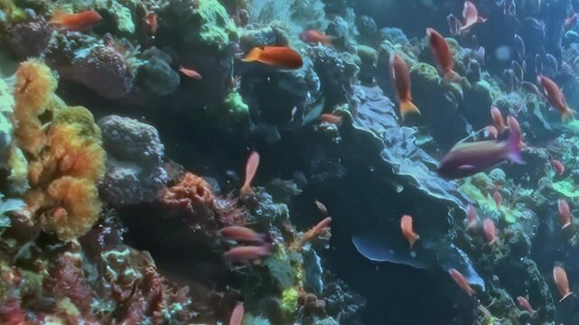 Dense Schooling Reef Fish Swim over a Coral Garden. A subdued underwater view emphasizes coral texture and warm coral tones as fish move through the reef, documenting marine habitat and biodiversity.