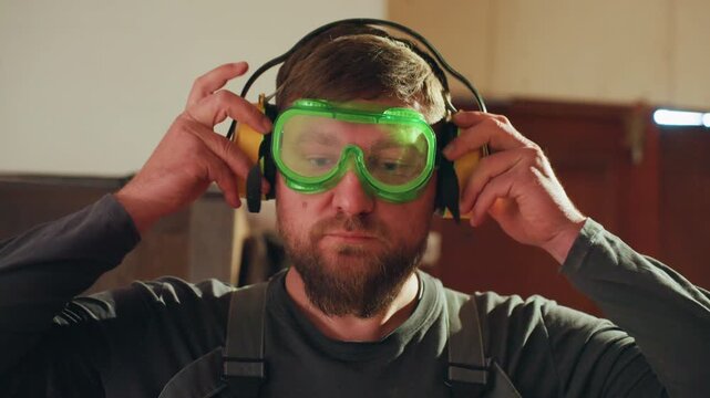 Bearded worker adjusts green safety goggles and yellow earmuffs preparing for tasks. close up view shows hands securing equipment against indoor backdrop with warm lighting