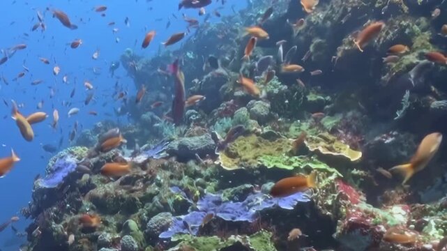 Reef Fish Move over the Reef Seabed. An underwater view with cool blue tones shows fish moving with visible reef structure, documenting marine habitat and biodiversity.