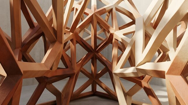Abstract geometric wooden lattice installation, modern parametric architectural sculpture structure with intersecting timber beams