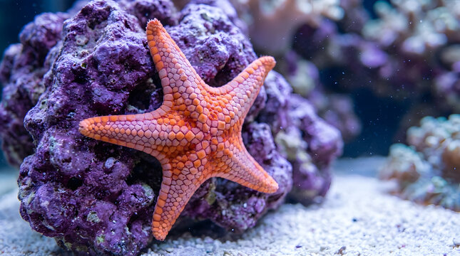 Orange starfish on a purple coral rock in an aquarium