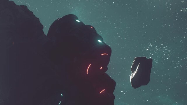 In a dark space scene, glowing lights outline large rocks. A small, floating object can be seen nearby. The scene shows the vastness of the universe and hints at mystery.