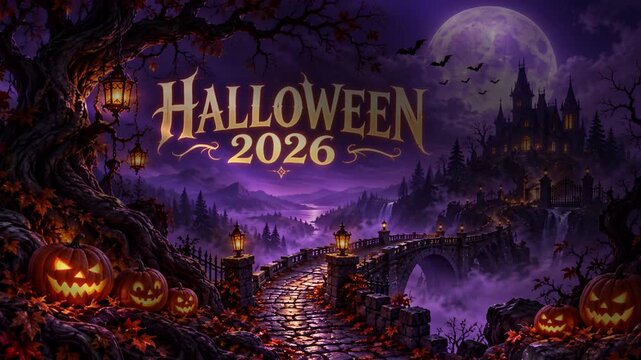Spooky Halloween 2026 landscape with carved pumpkins a haunted castle on a hill and a misty bridge perfect for seasonal decorations and invitations