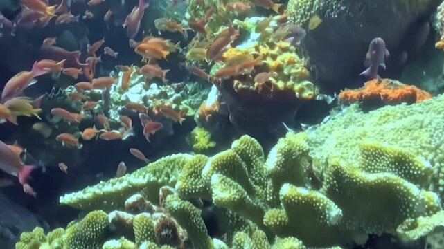Small Schooling Reef Fish Swim around a Coral Garden. An underwater view emphasizes coral texture and green-blue reef tones as fish move through the reef, documenting marine habitat and biodiversity.