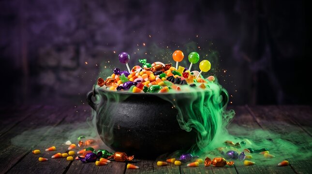 Black iron cauldron overflowing with colorful candy and glowing green fog on wooden floor