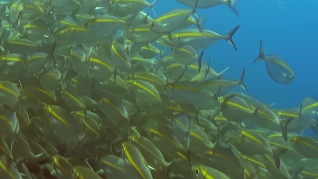 Dense Striped Reef Fish Swim through Coral Formations. An underwater view shows coral texture and green-blue reef tones with fish moving through natural reef habitat and marine biodiversity.