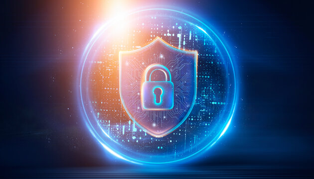 Cyber security concept with a glowing neon shield and padlock in a digital data corridor with orange light burst