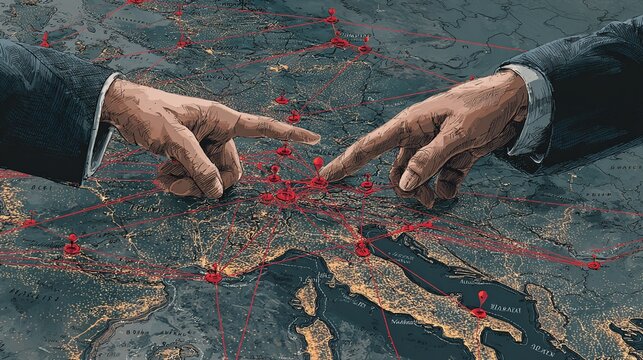 Hands Pointing at a Connected Map of Europe
