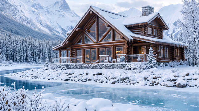 Ultra-luxurious log cabin beside a partially frozen mountain river, surrounded by towering snow-covered alpine peaks and dense evergreen forest, warm glowing windows, elegant timber architecture
