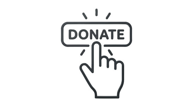 Black donate button with pointing hand icon isolated against clean white studio backdrop