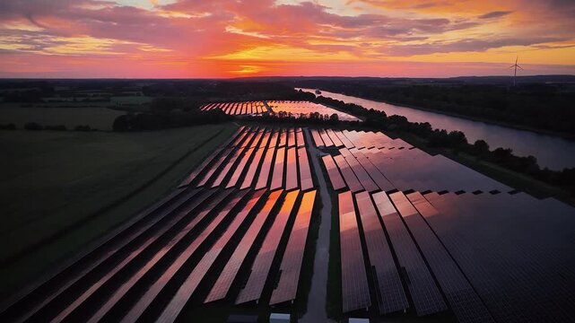 Aerial footage of large solar farm at sunset with wind turbine visible in the distance. Photovoltaic panels stretch across the landscape next to  Kiel Canal.