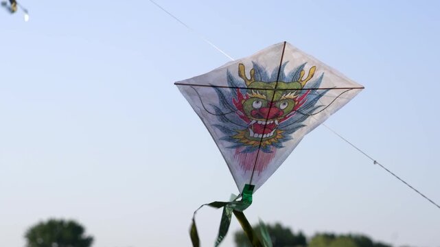 Traditional Dragon Head Kite Flying in a Clear Blue Sky