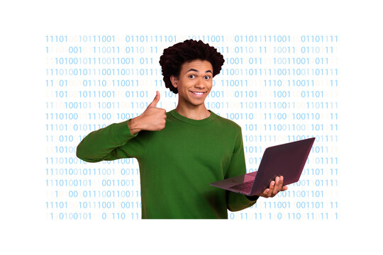 Composite photo collage of happy american guy show like reaction hold laptop code matrix it master job isolated on painted background