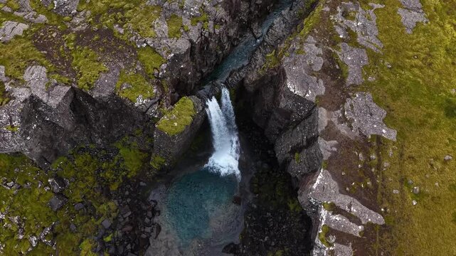 Aerial view of waterfall in Iceland