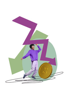 Vertical photo collage of unhappy american businessman scream arrow decline coin inflation bankruptcy poor isolated on painted background