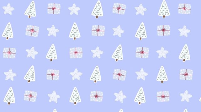 Animated seamless pattern of festive Christmas trees and gifts