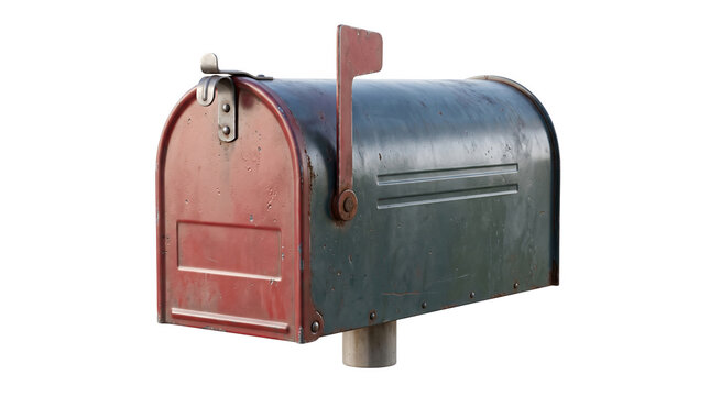 A vintage, weathered metal mailbox with a red door and a raised flag, isolated on transparent background