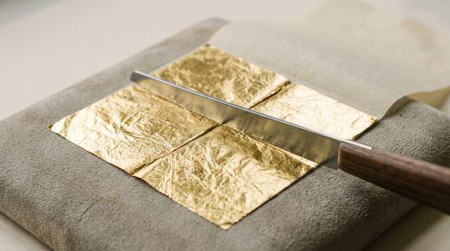 Gilder Knife Slicing 24k Gold Leaf Sheet on Suede Gilding Cushion