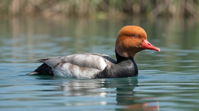 male red-crested pochard (netta rufina) diving duck swimming on calm turquoise lake