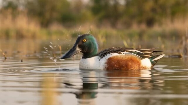 male northern shoveler (spatula clypeata) swimming on calm water at golden hour