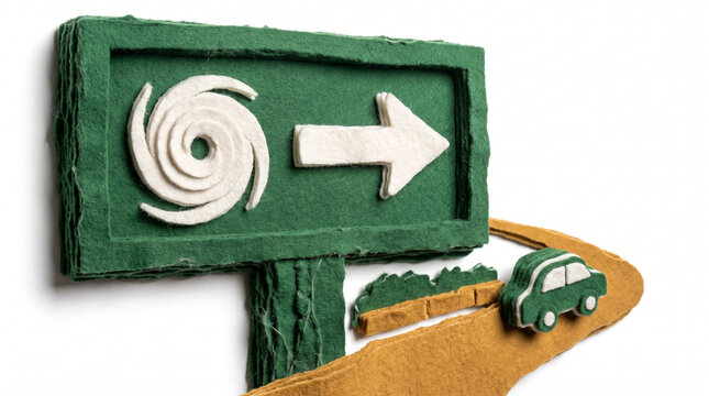 Hurricane evacuation route sign with car and swirl symbol  