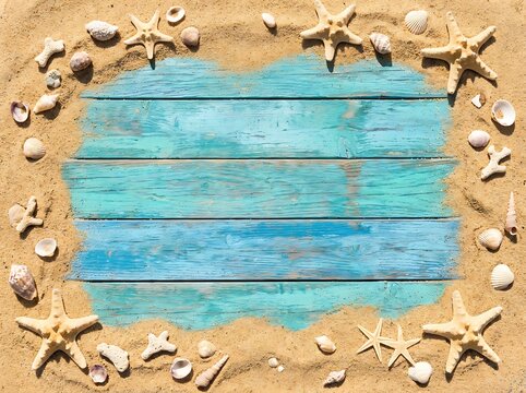 Blue wooden planks frame with sea shells and starfish on sand