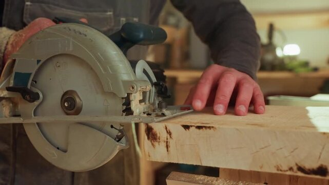 Carpenter operates power tool carefully using handheld electric hand saw to cut through thick lumber in workshop environment. close up perspective emphasizes interaction between hands