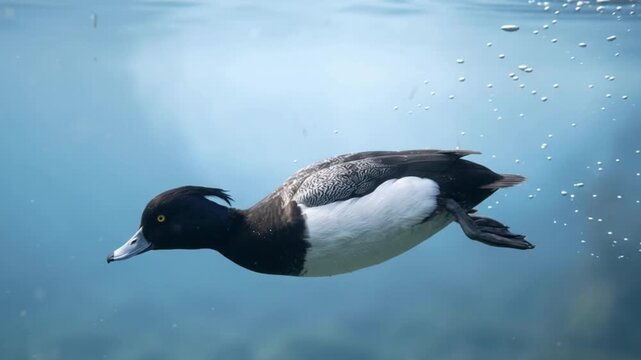 male tufted duck (aythya fuligula) diving underwater with air bubbles