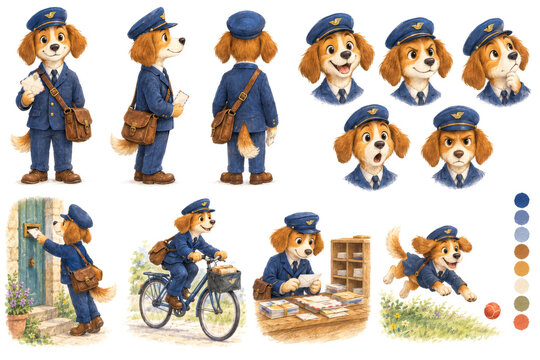Watercolor dog mailman character design, postman puppy mascot set with various poses, anthropomorphic animal mail carrier in blue uniform