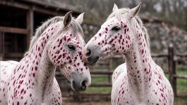 Two affectionate appaloosa horses with unique red spots cuddling and touching muzzles in a farm ranch enclosure