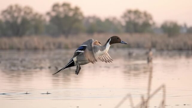 male northern pintail (anas acuta) landing on calm wetland lake surface at sunset