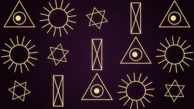 Geometric occult and mystical symbols glowing in gold lines on a dark background mystical signs geometric shapes sacred geometry esoteric symbols gold patterns