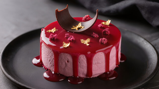 Raspberry mirror glaze mousse cake with gold leaf on dark background
