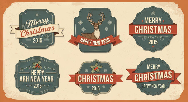Retro Christmas badges collection, vintage holiday labels with reindeer and holly, 6 decorative New Year 2015 stickers for festive cards and packaging