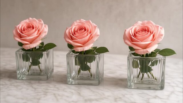 Three pink roses in square glass vases rotating on a marble surface showing a beautiful floral arrangement and home decoration