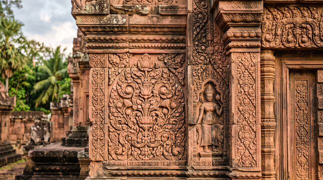detailed stone carvings and bas relief sculpture on ancient khmer temple wall