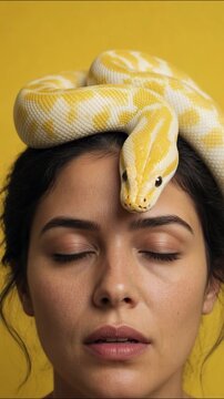 Beautiful woman meditating with her eyes closed. An albino burmese python is coiled on her head, its head resting on her forehead
