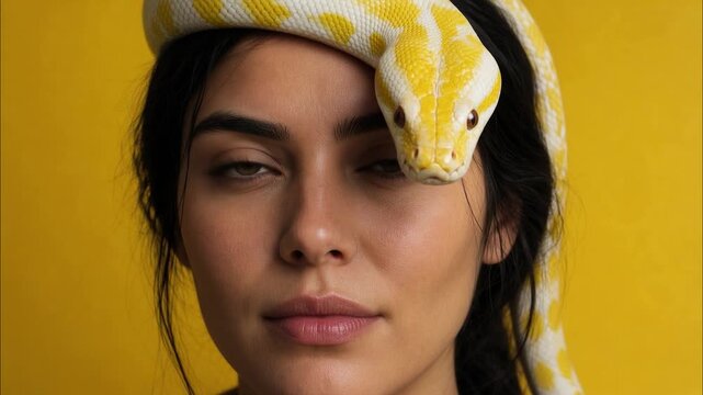 Beautiful woman with a yellow albino python snake moving across her face against a yellow studio background