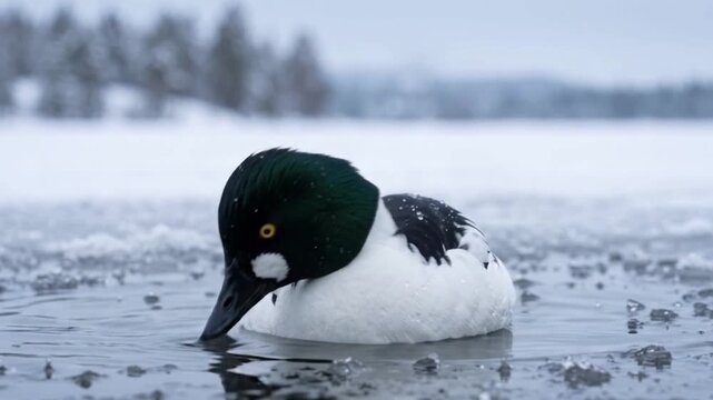 male common goldeneye (bucephala clangula) performing courtship display in icy lake hole