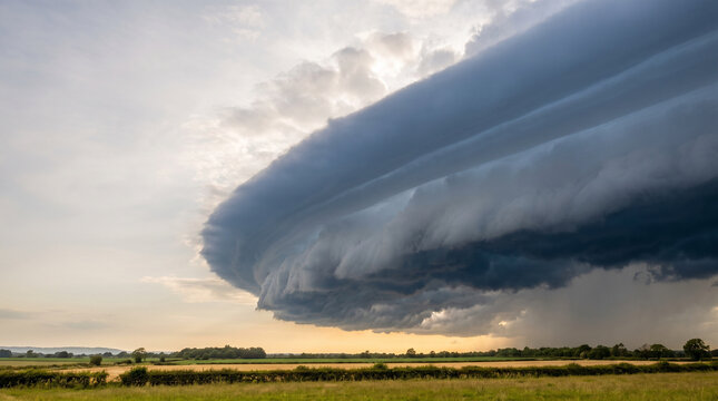 Dramatic storm clouds gathering over a rural landscape at sunset  
